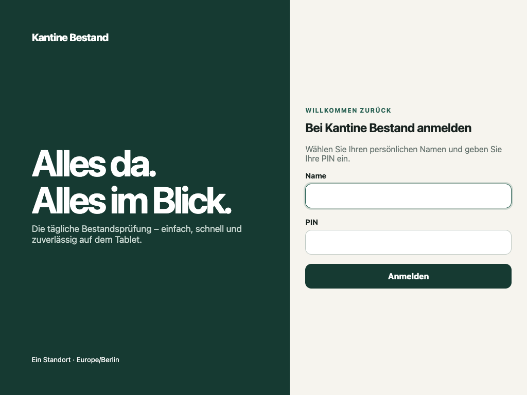 Anmeldeansicht der Tablet-Anwendung Kantine Bestand